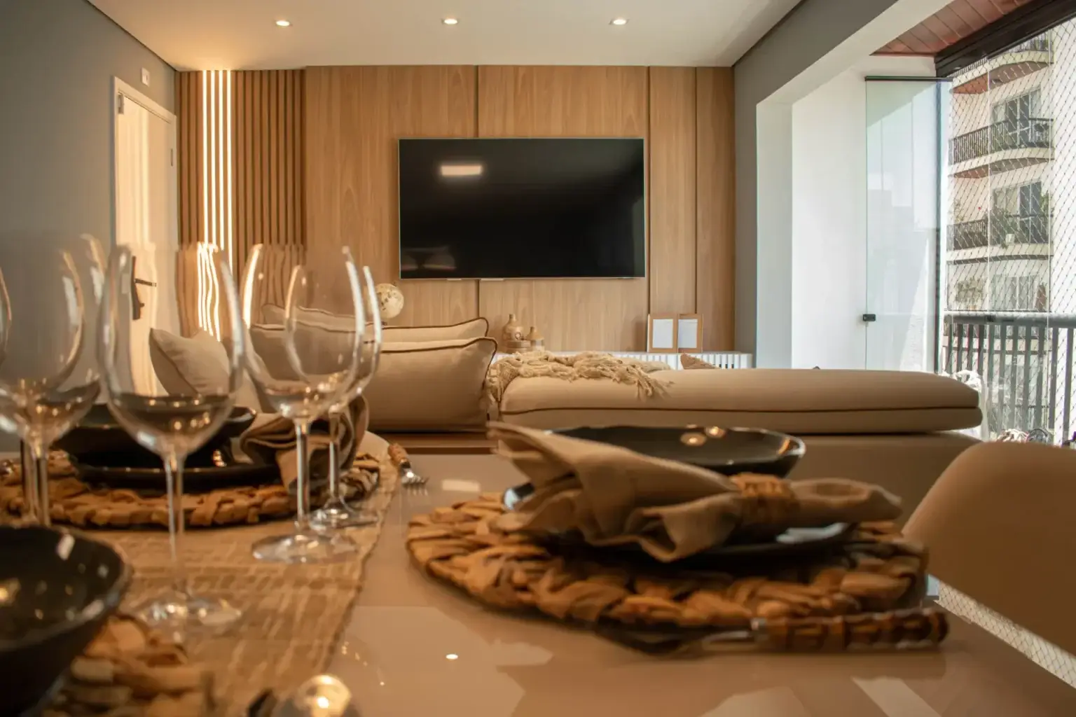 Sala de estar de apartamento reformado com painel ripado e decoração moderna